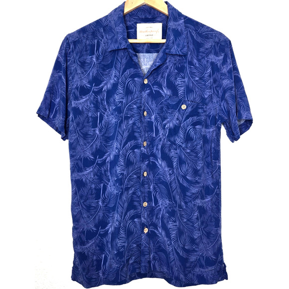 Weatherproof Vintage Shirt Mens Small Blue Palm Button Up Hawaiian Tropical - Picture 1 of 9